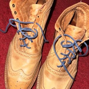 Allen Edmonds Tan Brogue Boots with Blue Laces